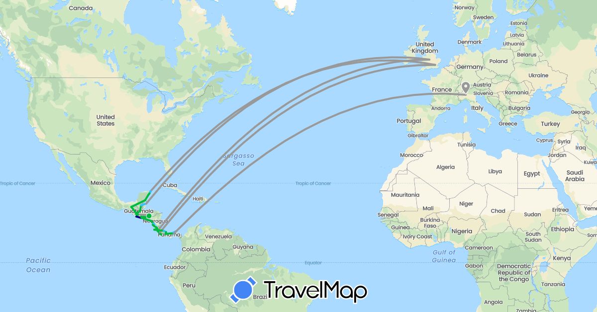 TravelMap itinerary: driving, bus, plane, boat in Belize, Costa Rica, United Kingdom, Guatemala, Honduras, Italy, Mexico, Nicaragua, Panama, El Salvador (Europe, North America)
